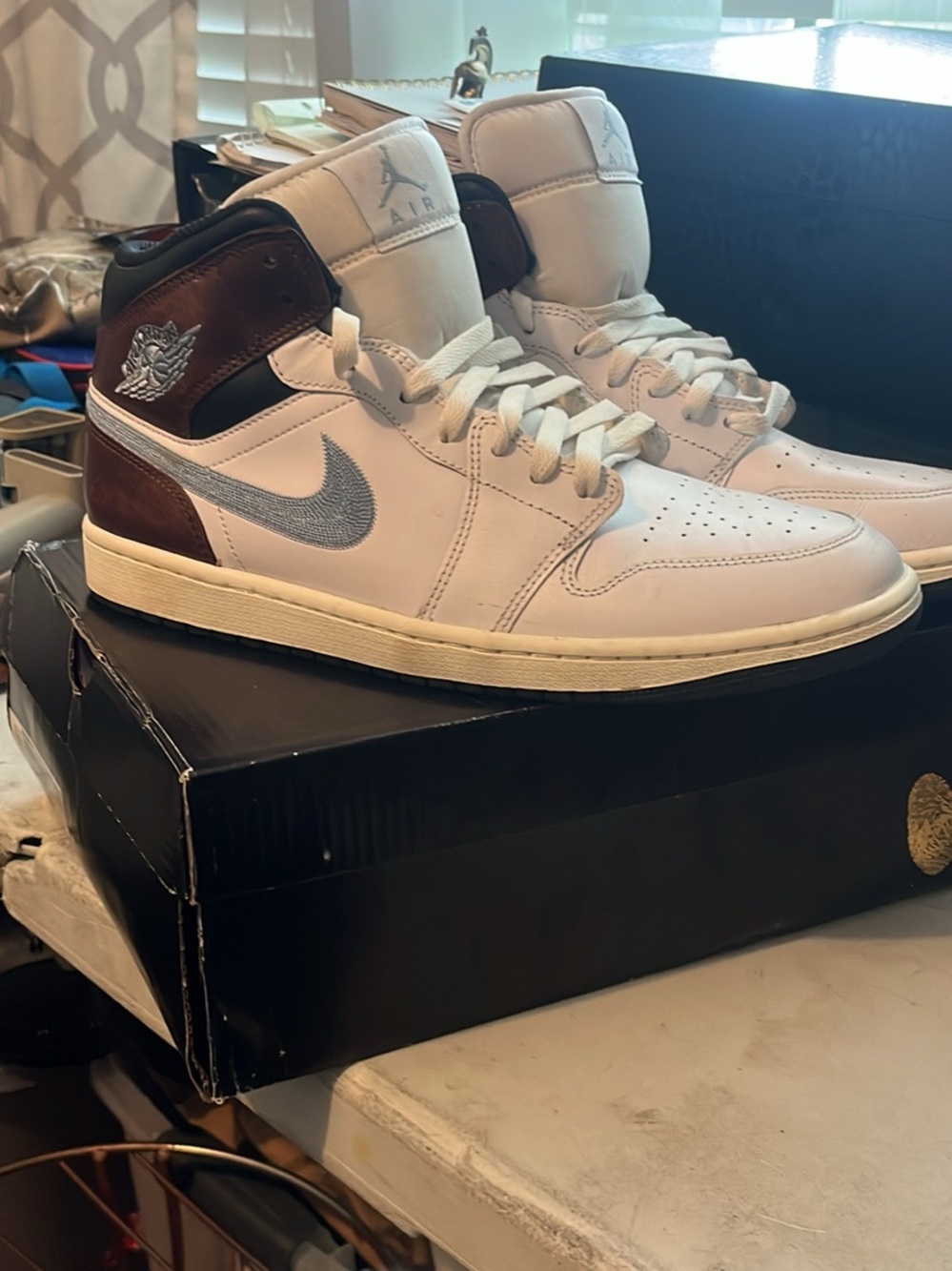 Jordan Men’s High-Top Sneakers in White, Brown and Gray